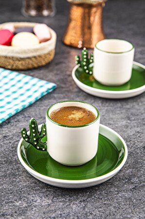 Kaktüs 2 Adet El Yapımı 110 Ml Türk Kahvesi Fincanı Yeşil Tabak, Espresso, Hediyelik Fincan