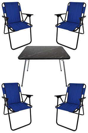 60X80 Granit Desenli Katlanır Masa + 4 Adet Katlanır Sandalye Kamp Seti Bahçe Takımı Mavi