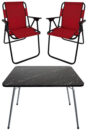 60X80 Granit Desenli Katlanır Masa + 2 Adet Katlanır Sandalye Kamp Seti Bahçe Takımı Kırmızı