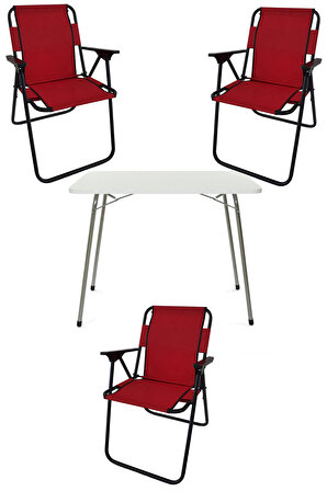 60X80 Beyaz Katlanır Masa + 3 Adet Katlanır Sandalye Kamp Seti Bahçe Takımı Kırmızı