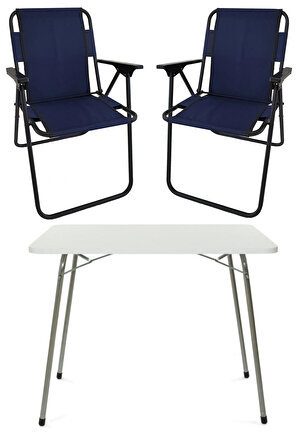 60X80 Beyaz Katlanır Masa + 2 Adet Katlanır Sandalye Kamp Seti Bahçe Takımı Lacivert