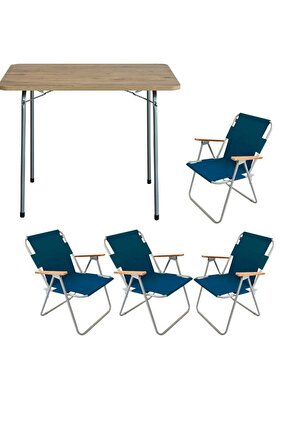 60x80 Çam Katlanır Masa + 4 Adet Katlanır Sandalye Kamp Seti Bahçe Balkon Takımı Mavi