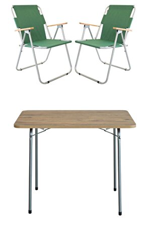 60x80 Çam Katlanır Masa + 2 Adet Katlanır Sandalye Kamp Seti Bahçe Balkon Takımı Yeşil