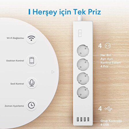 Meross Wi-Fi Apple HomeKit Google Assistant ve Alexa Uyumlu Akım Korumalı 4 USB Girişli Akıllı 4lü Priz