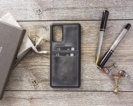 Samsung Galaxy Note 20 Capri Gri Deri Kartlıklı Telefon Kılıfı