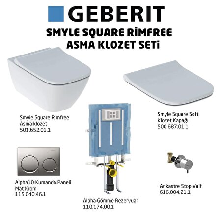 Geberit Smyle Square Rimfree Alpha10 Soft Asma Klozet Seti, Mat Krom