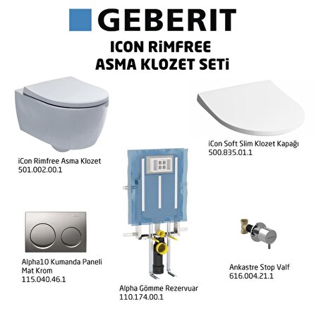 Geberit iCon Rimfree Alpha10 Soft Slim Asma Klozet Seti, Mat Krom