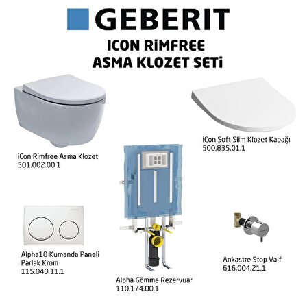 Geberit iCon Rimfree Alpha10 Soft Slim Asma Klozet Seti, Beyaz