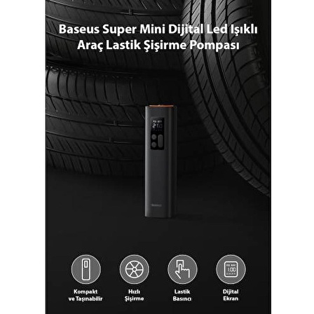 Baseus Ultra Hızlı Mini LED Işıklı Araç Lastik Şişirme Pompası Kompresörü Tekerlek Hava Makinası