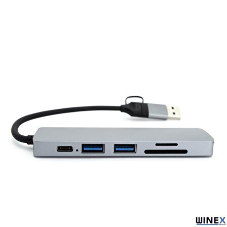 Winex 5in1 UsbA ve Type-C to 3x USB3.0, TF, SD, Type-C Çoklayıcı Hub Adaptör
