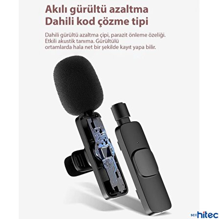 ScHitec K11 Lightning Kablosuz Wireless HD Yaka Mikrofonu Siyah