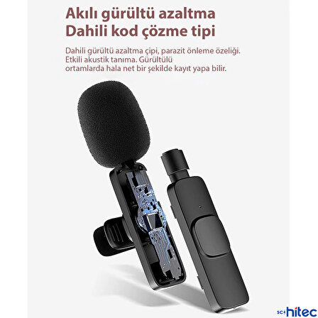 ScHitec K9 Lightning Çift Kablosuz Wireless HD Yaka Mikrofonu Siyah