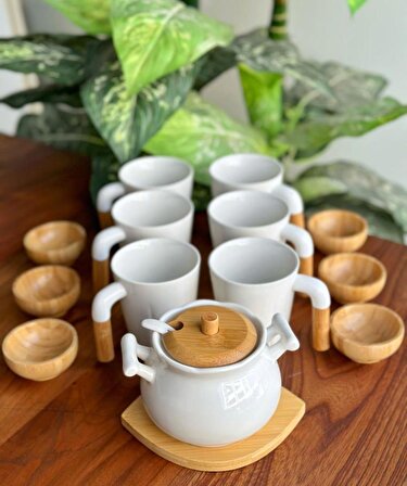 Bambum 6 Kişilik  Porselen Çay-Nescafe Fincanı - Şekerlik - Lokumluk Seti 16 Parça