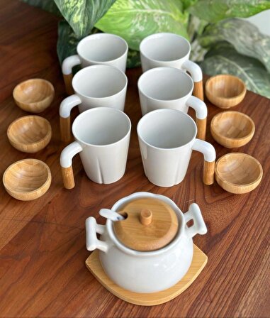 Bambum 6 Kişilik  Porselen Çay-Nescafe Fincanı - Şekerlik - Lokumluk Seti 16 Parça