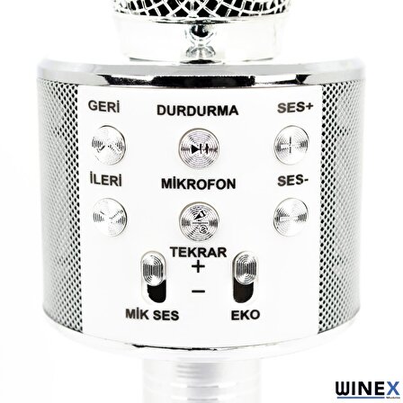 Winex UsbA+TF Sd Kart+3.5mm Aux Girişli Bluetooth Karaoke Mikrofonu Gümüş