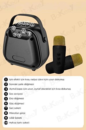 Kablosuz Mikrofonlu Mini Karaoke Bluetooth Hoparlör Işıklı Kablosuz Anfi Android Iphone Uyumlu