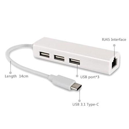 Type-C USB 3.1 To Ethernet Lan Adaptör + 3 Port USB 2.0 HUB