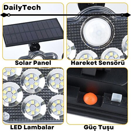 DailyTech Kumandalı Solar Güneş Enerjili Led Bahçe Aydınlatması 138 Ledli Çok Modlu Hareket Sensörlü Su Geçirmez Lambası