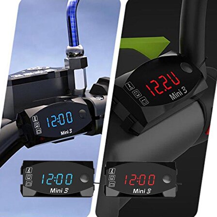 Volmetre Termometre Saat Motosiklet Dijital Elektronik Led Ekranlı 3 Özellikli