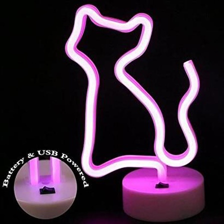 Petinka ® Pembe Kedi Neon Led Işıklı Usb Girişli Pilli Masa ve Gece Lambası