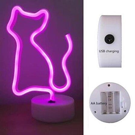 Petinka ® Pembe Kedi Neon Led Işıklı Usb Girişli Pilli Masa ve Gece Lambası