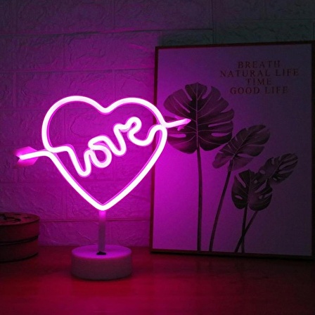 BUFFER® Kalpli Love Yazılı Dekoratif Neon Pilli Led Masa ve Gece Lambası