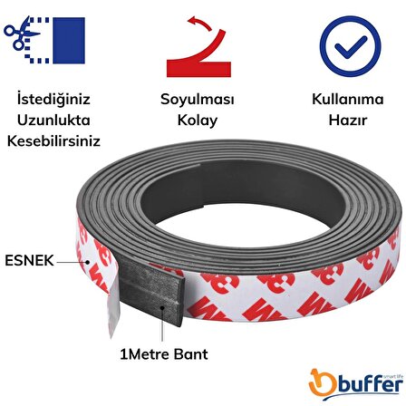 BUFFER® Yapışkanlı Şerit Mıknatıs Kes Kullan Güçlü Sağlam Rulo Çıkarılması Kolay Siyah 100x2cm