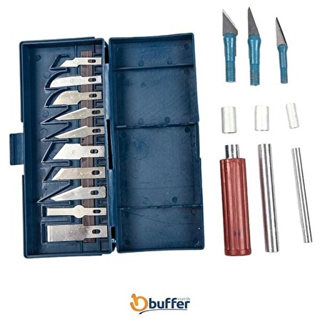 BUFFER® Zanaat 16 Parça Hobi Gravür Ahşap Heykel Çömlek Oyma Şekil Verme 13 Maket Bıçak Neşter Seti