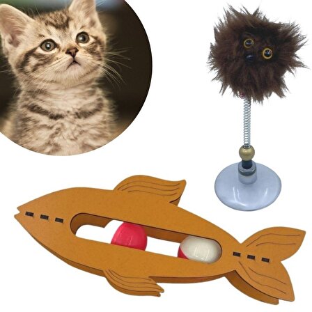 BUFFER® Kediler İçin Ahşap 2 Toplu Balık Şeklinde Eğitim Amaçlı Oyuncak ve Tüylü Yaylı Oyuncak 