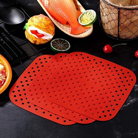 BUFFER® Yıkanılabilir Silikon Fırın Airfryer Kare Model Pişirme Matı Kırmızı Ve Siyah 20,5 Cm