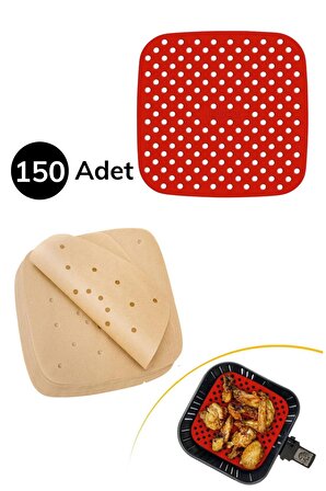  BUFFER® 150 Adet Kare Model Pişirme Kağıdı Ve Silikon Airfryer Matı 21,5 cm 