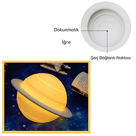BUFFER® 3D Print Satürn Dokunmatik Gezegen Ahşap Stantlı 3 Renk USB Şarjlı Gece Lambası (Kumandasız)