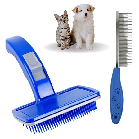 BUFFER® Tüy Açıcı Kedi Köpek Metal Dişli Evcil Hayvan Bakım Fırçası+ Kendini Temizleyen Bakım Tarağı