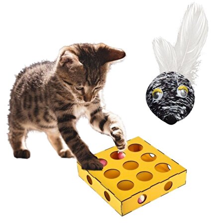 BUFFER® Hasır Tüylü Eğitici Oyun Topu ve  9 Delikli Kediler İçin Eğitici Ahşap Aktivite Oyuncağı