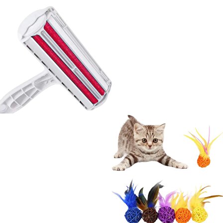 BUFFER® Kulak Modelli Hazneli Kedi Köpek Tüy Toplayıcı+ 2li Renkli Peluş Çıngıraklı Top Oyuncağı