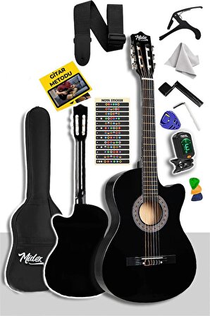 Midex CG-395BK Siyah Klasik Gitar 4/4 Sap Ayarlı Kesik Kasa Full Set (Çanta Askı Tuner Metod Pena)