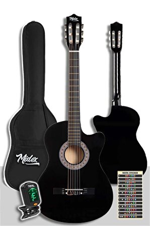 Midex CG-395BK Siyah Klasik Gitar 4/4 Sap Ayarlı Kesik Kasa Full Set (Çanta Askı Tuner Metod Pena)