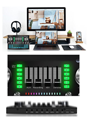 Midex A2-VS20 Üst Seviye Stüdyo Kayıt Canlı Yayın Şarjlı Ses Kartı Efektli Radyo Mikseri (Telefon ve PC Podcast)
