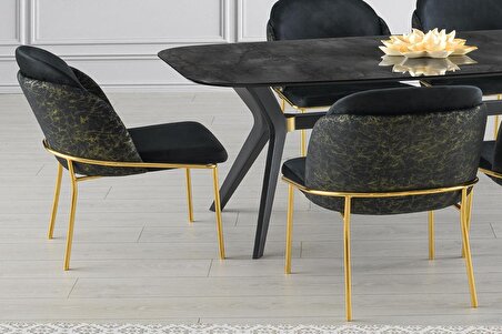Sabit Eliz Masa Salon Masası  İrony H.G Desen  6 Adet Limon Sandalye Gold 