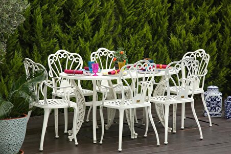 Ferforje görünümlü Plastik Oval İstanbul Masa Sandalye Takımı  1 Masa 6 Sandalye Balkon, Bahçe Mobilyası Beyaz
