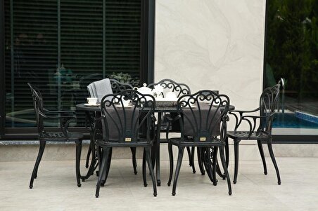 Ferforje görünümlü Plastik Oval İstanbul Masa Sandalye Takımı  1 Masa 6 Sandalye Balkon, Bahçe Mobilyası Siyah