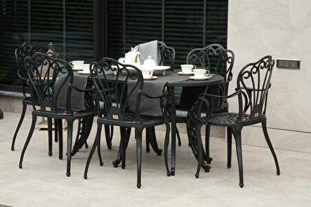 Ferforje görünümlü Plastik Oval İstanbul Masa Sandalye Takımı  1 Masa 6 Sandalye Balkon, Bahçe Mobilyası Siyah