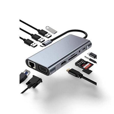 Cosmostech Macbook Pro Air Type-C 11 In 1, 4K Hdmı, Vga, Pd, Usb3.0, RJ45 Ethernet, Sd/tf Card Reader, 3.5mm Aux, Çevirici Hub Adaptör