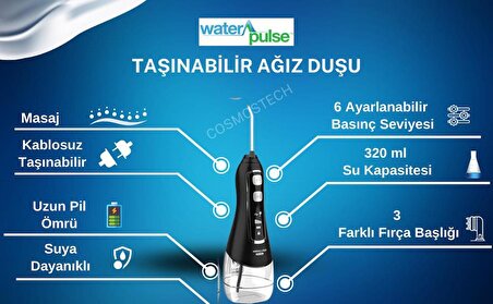 Waterpulse Kablosuz Pro V580 Water Flosser 320ml Taşınabilir Diş/Protez Bakım Ve Ağız Duşu Siyah