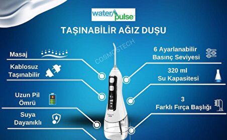 Waterpulse Kablosuz Pro V580 Water Flosser 320ml Taşınabilir Diş/Protez Bakım Ve Ağız Duşu Beyaz