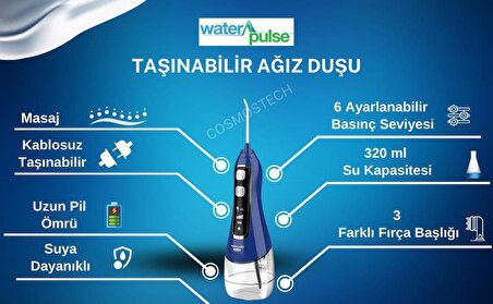 Waterpulse Kablosuz Pro V580 Water Flosser 320ml Taşınabilir Diş/Protez Bakım Ve Ağız Duşu Mavi