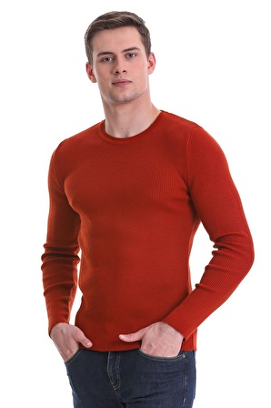 Kiremit Slim Fit Fitilli Bisiklet Yaka Yünlü Triko Kazak | L