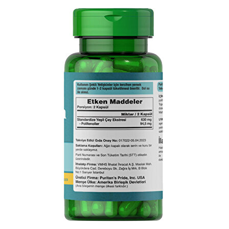 Puritan's Pride Green Tea Extract 315 Mg 100 Kapsül - AROMASIZ