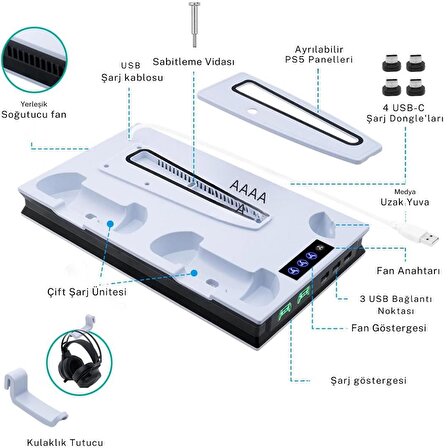 Cosmostech PS5 Slim Playstation 5 Standart CD ve Dijital Sürüm Uyumlu YH-60 Cooling Soğutuculu Fanlı Controller Şarjlı Stand