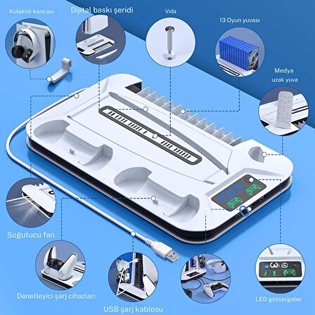 Cosmostech PS5 Playstation 5 Standart CD ve Dijital Sürüm Uyumlu YH-62 Cooling Soğutuculu Fanlı Controller Şarjlı Stand